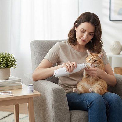 Chat maintenu sur les genoux pour couper les griffes Coupe griffe Chat