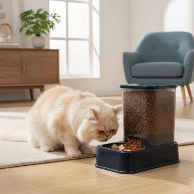 chat mange dans distributeur croquettes chat dans un salon 