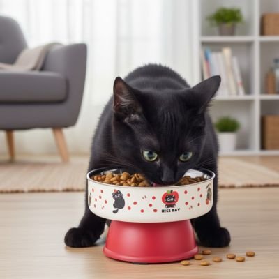 chat mange en écartant ses pattes repas dans une gamelle chat surélevée 