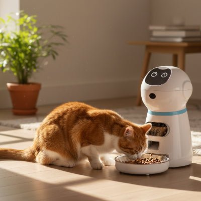 chat mangeant dans distributeur automatique de croquettes chat