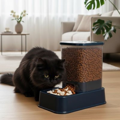 chat noir mangeant dans le distributeur croquettes chat