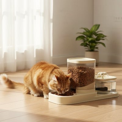 chat mangeant dans le distributeur de croquette et la fontaine à eau
