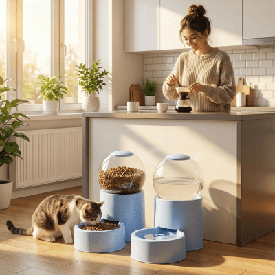 chat mangeant dans distributeur de croquette