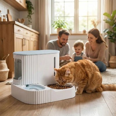 chat mangeant dans distributeur de croquettes pendant que la famille est présente