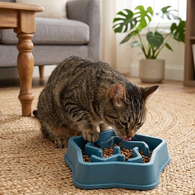 chat mangeant dans gamelle anti-glouton chat bleu