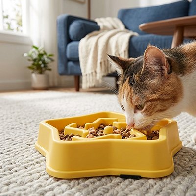 chat mangeant dans gamelle anti-glouton chat jaune