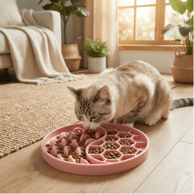 chat mangeant dans une gamelle glouton chaton rose