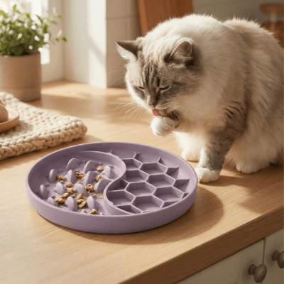 chat mangeant dans une gamelle glouton chaton violet