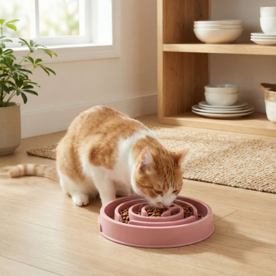 chat mangeant dans une gamelle anti glouton