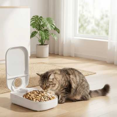 chat mangeant dans la gamelle automatique chat