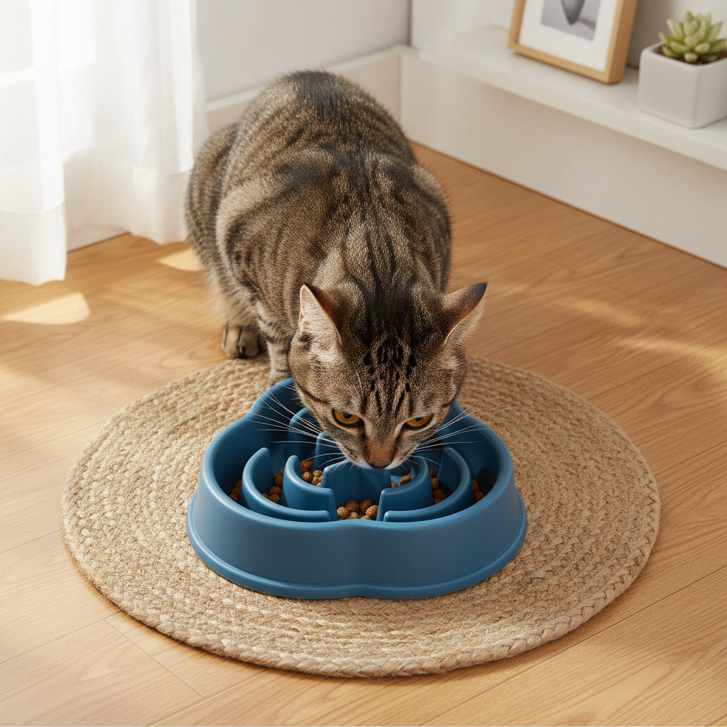 chat mangeant dans la gamelle chat anti glouton bleu