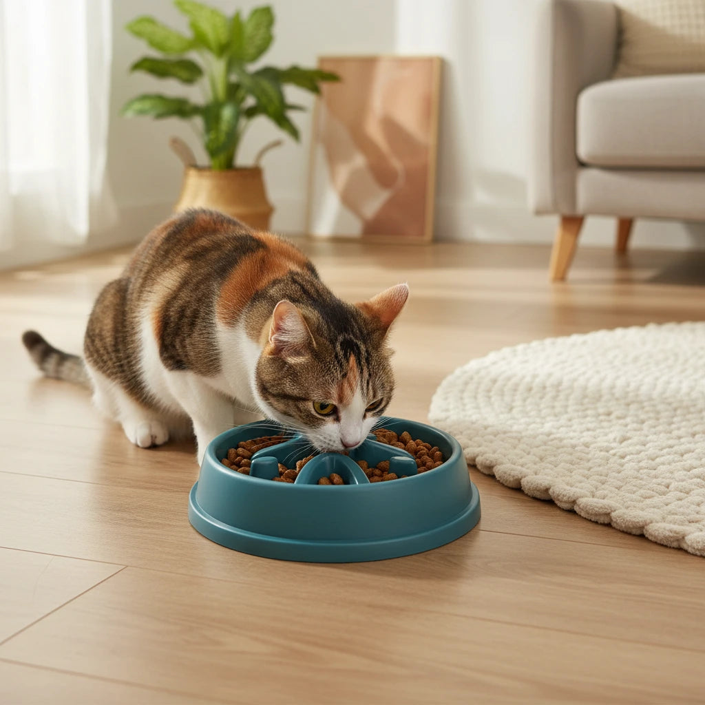 chat mangeant dans la gamelle chat anti glouton bleu