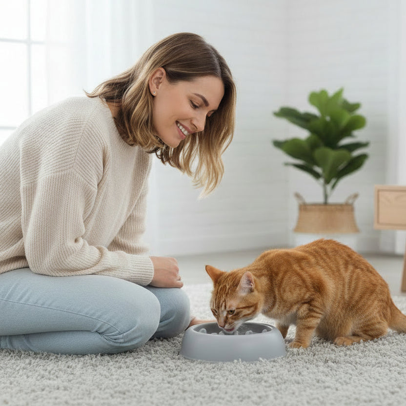 chat mangeant dans la gamelle chat anti glouton grise