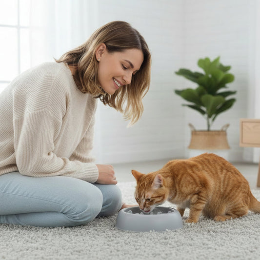 chat mangeant dans la gamelle chat anti glouton grise