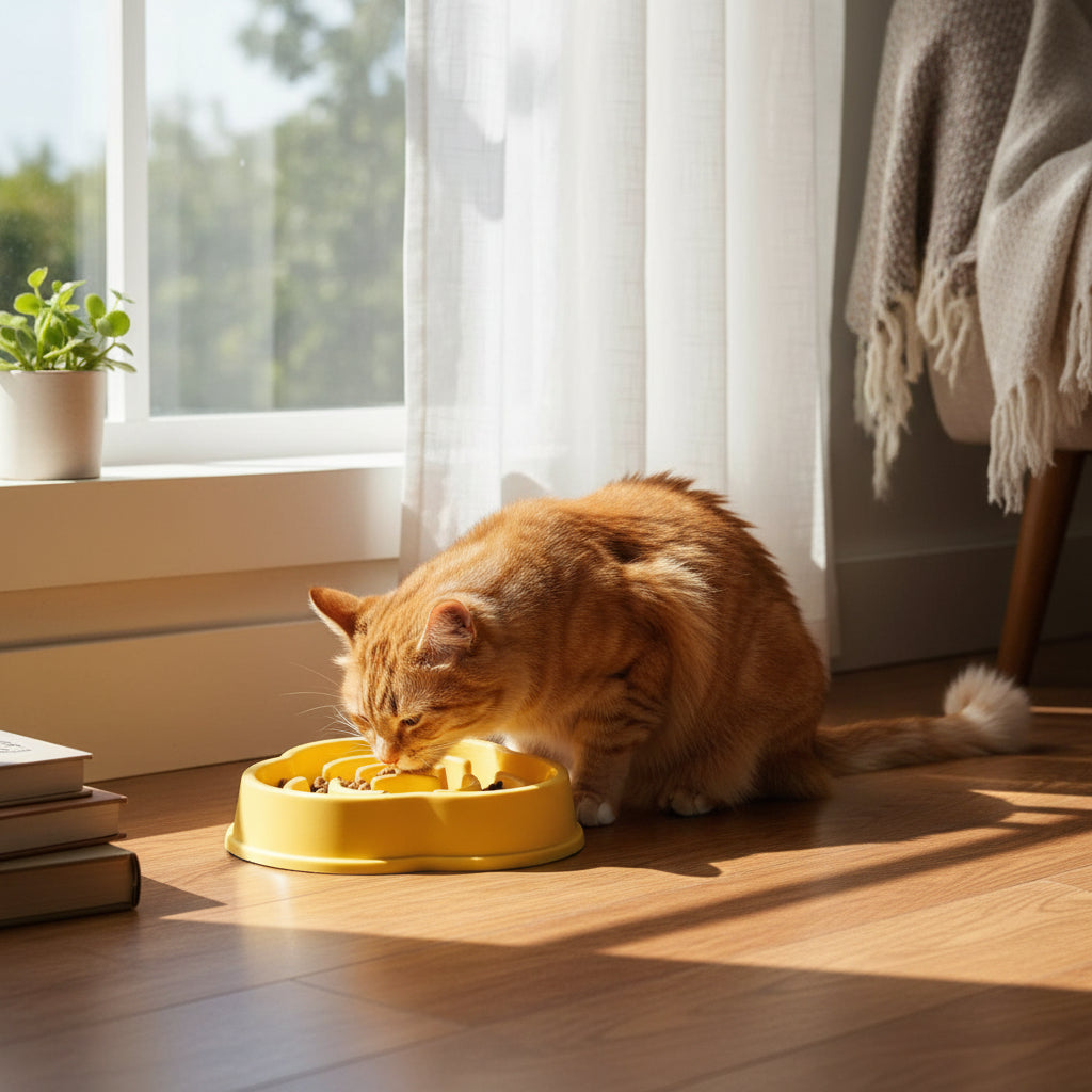 chat mangeant dans la gamelle chat anti glouton