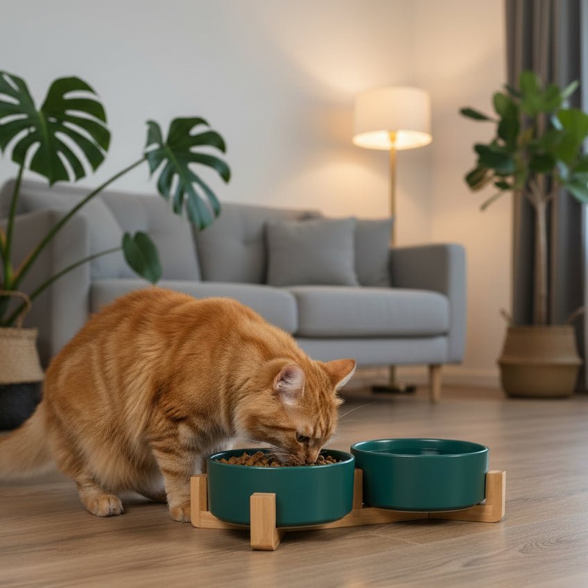 chat mangeant dans la gamelle double pour chat