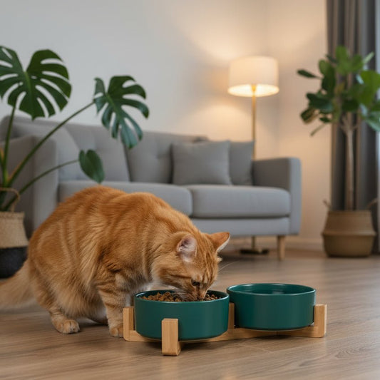 chat mangeant dans la gamelle double pour chat