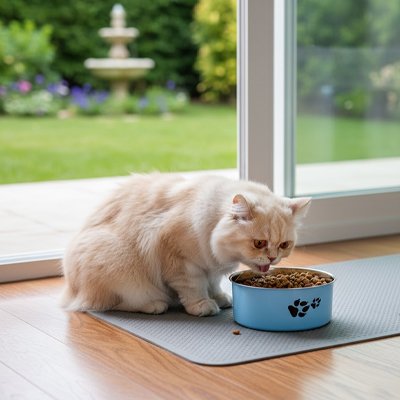 chat mangeant dans la gamelle en inox pour chat bleu