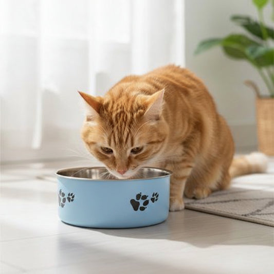 chat mangeant dans la gamelle en inox pour chat