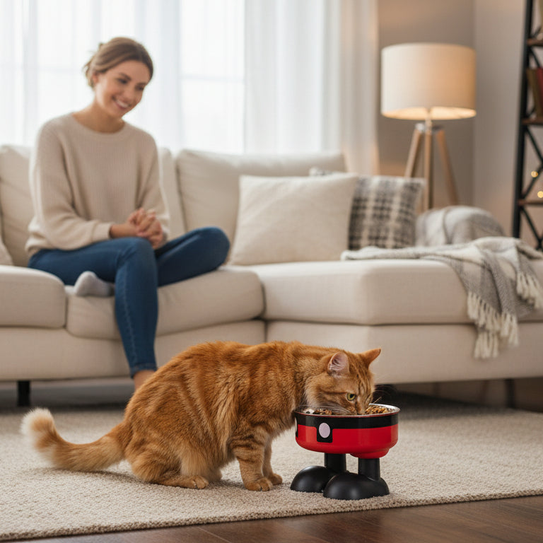 chat mangeant dans la gamelle inox pour chat rouge