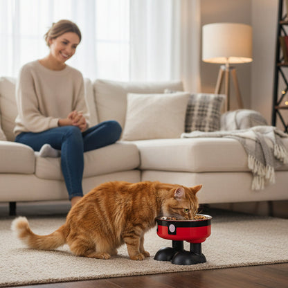 chat mangeant dans la gamelle inox pour chat rouge
