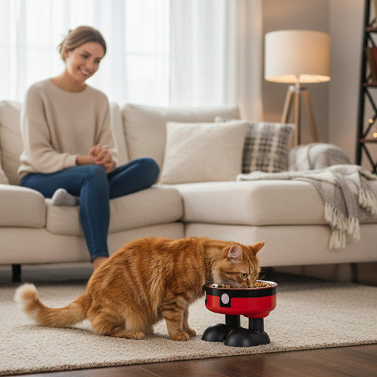 chat mangeant dans la gamelle inox pour chat rouge