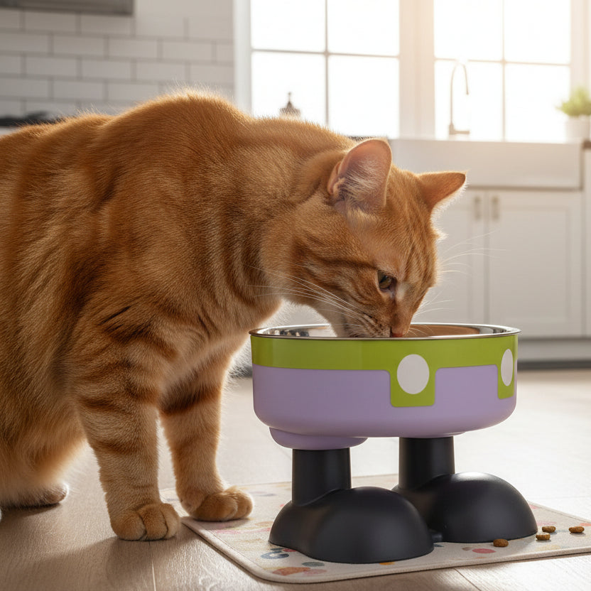 chat mangeant dans la gamelle inox pour chat violet