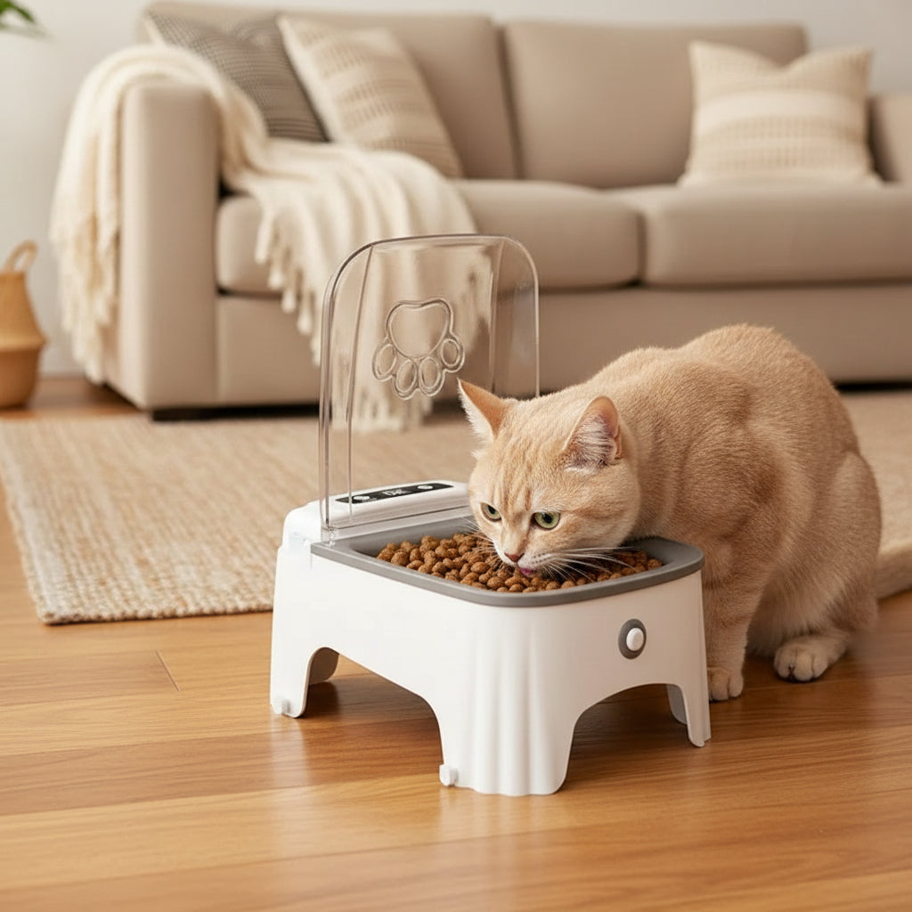 chat mangeant dans la gamelle pour chat automatique