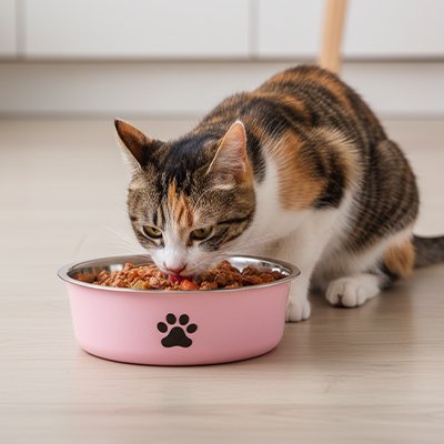 chat mangeant dans gamelles chat