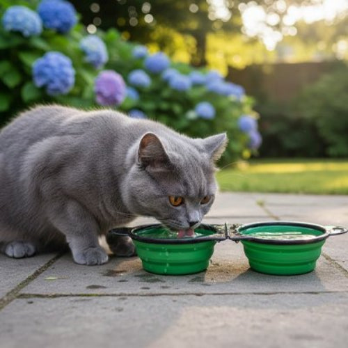chat mangeant dans gamelles pour chats dans jardin
