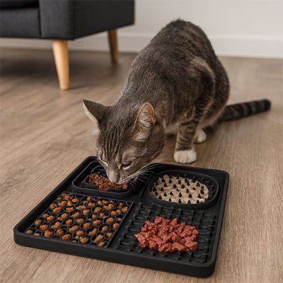 chat mangeant dans le Tapis de lechage chat noir