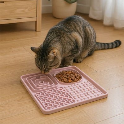 chat mangeant dans le Tapis de lechage chat rose