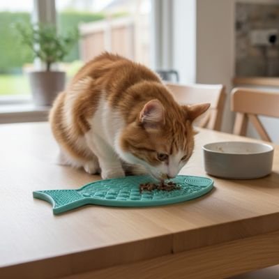 chat mangeant dans tapis de lechage chat 