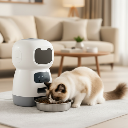 chat mangeant dans le distributeur de croquettes pour chat