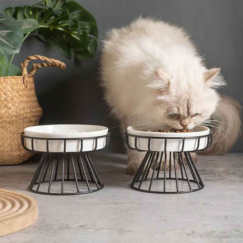 chat mangeant de la Gamelle anti glouton pour chat en céramique