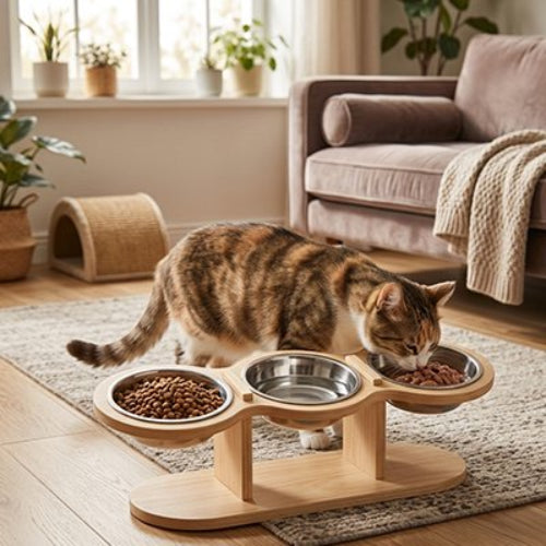 chat roux mangeant du pâté dans gamelles pour chats