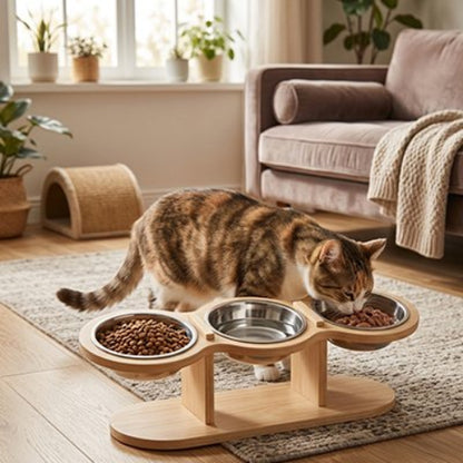 chat roux mangeant du pâté dans gamelles pour chats