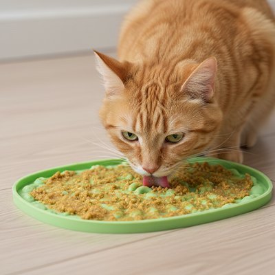 chat mangeant du pâtée sur le Tapis de lechage