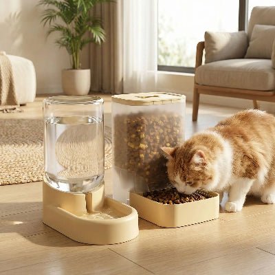 chat mangeant son repas dans un distributeur de croquettes 