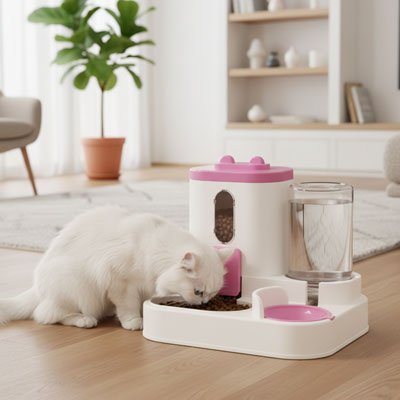 chat mangeant son repas dans le distributeur croquette chat