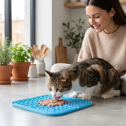 chat mangeant sur le tapis anti glouton chat