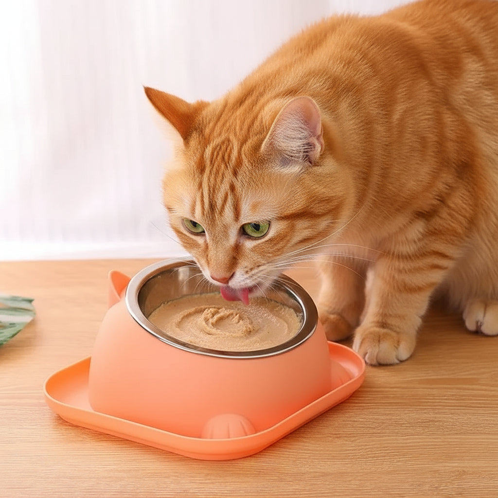 chat mangeant du pâté dans la gamelle chat 