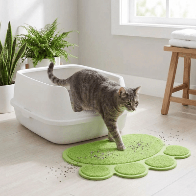 chat marchant sur le tapis litière chat