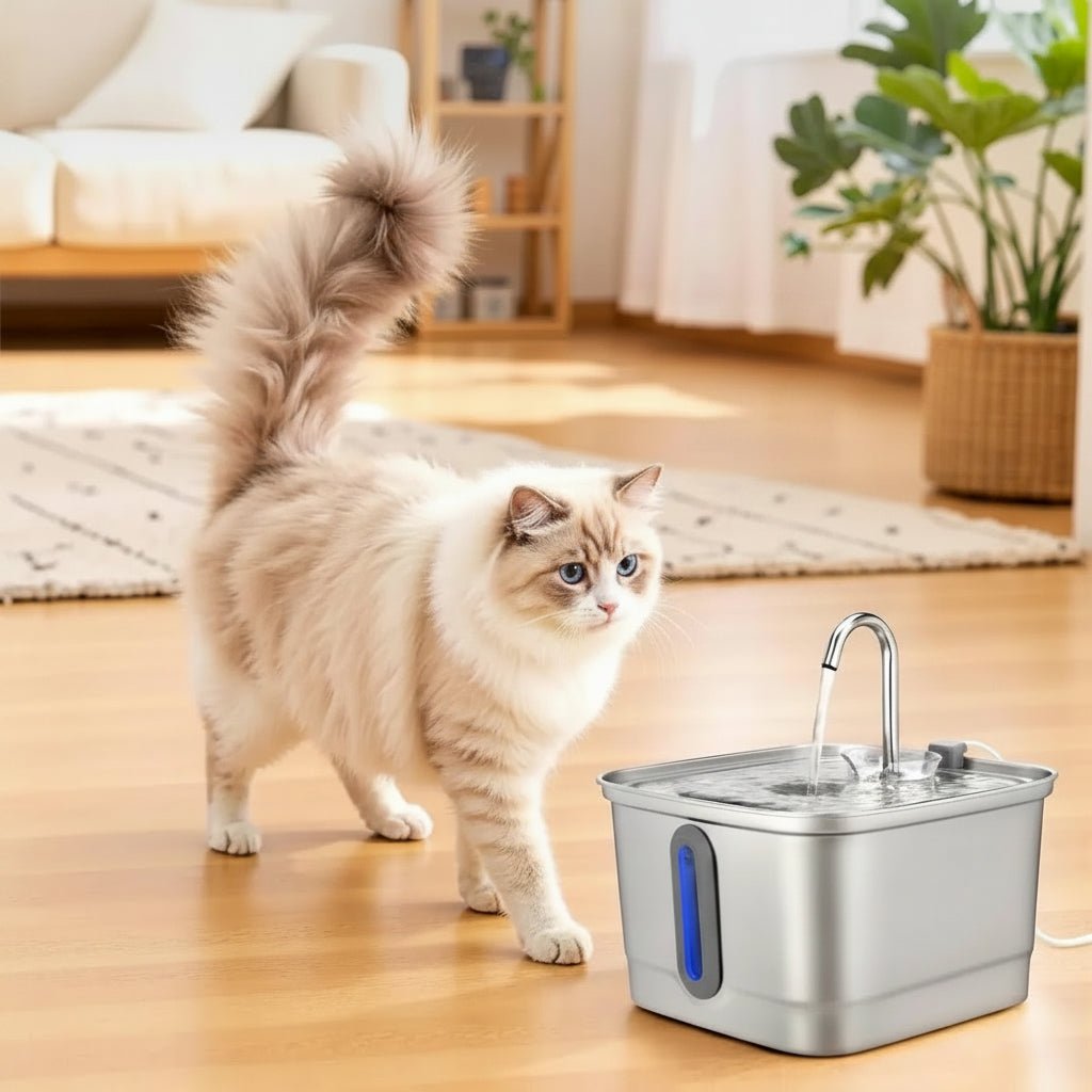 chat marche vers la fontaine a eau inox chat