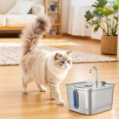 chat marche vers la fontaine a eau inox chat