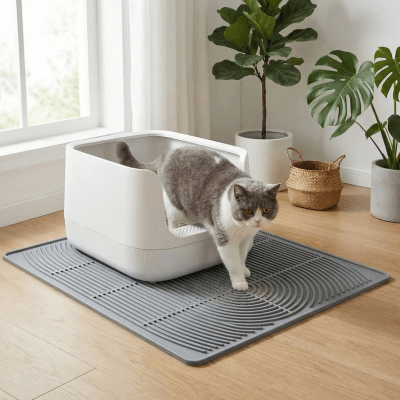 chat met ses pattes devant sur le tapis pour litière chat