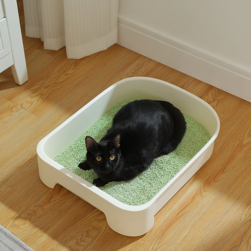 chat noir assis dans le bac a litiere a chat 