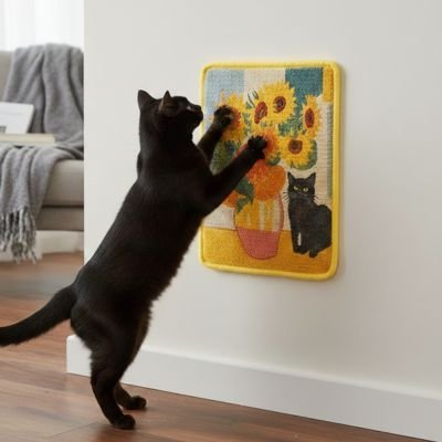 chat noir gratte griffe sur tapis griffoir chat