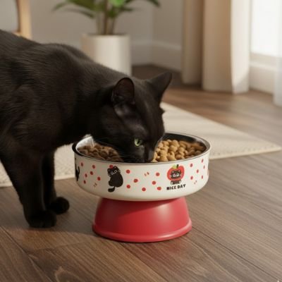 chat noir mangeant des croquettes dans une gamelle chat surélevée rouge