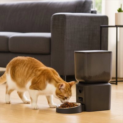 Chat se nourrissant de croquettes via un distributeur croquette chat automatique